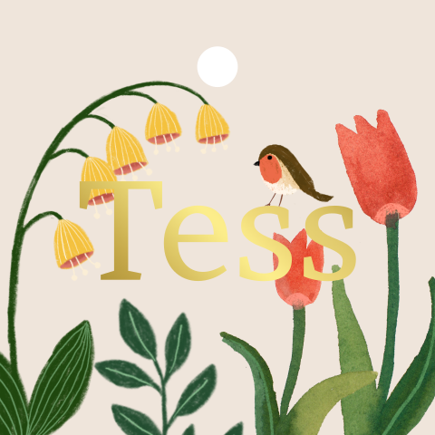 Labelkaartje voor doopsuiker met bloemen en goudfolie naam