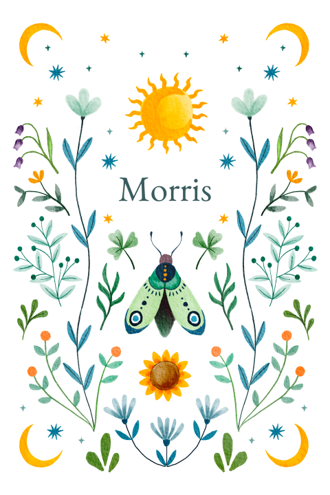 Spiritueel geboortekaartje 'Morris' voor jongen met maantjes en bloemen