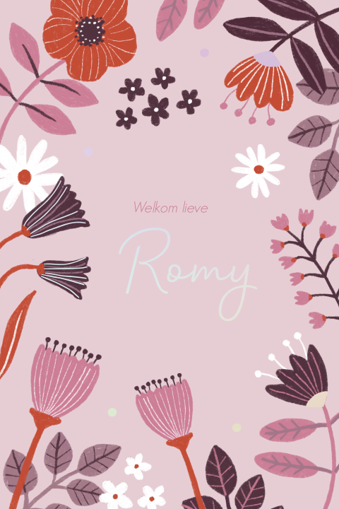 Geboortekaartje Romy | Bloemen met holografische folie