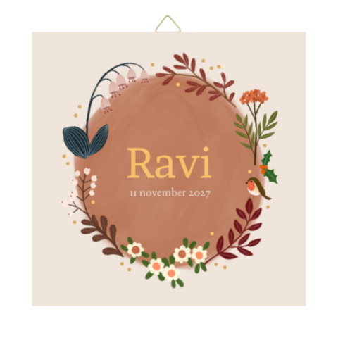 Geboorte tegeltje met cirkel van bloemen en plantjes