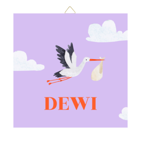 Geboorte tegeltje 'Dewi' | Ooievaar met colorblocking kleuren