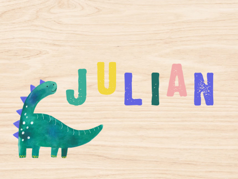 Houten memorybox 'Julian' | Bewaardoos met dino en vrolijke letters