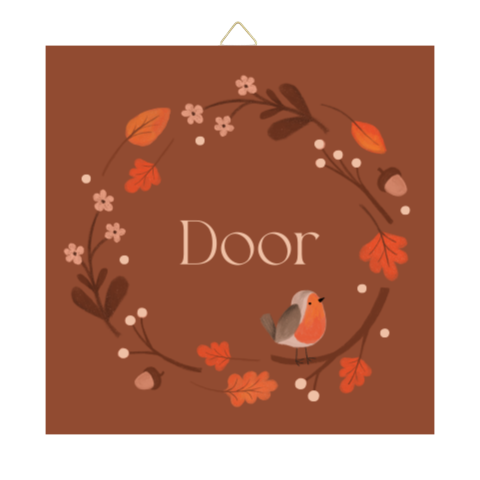 Geboorte tegeltje voor de babykamer | Roodborstje met herfst elementen