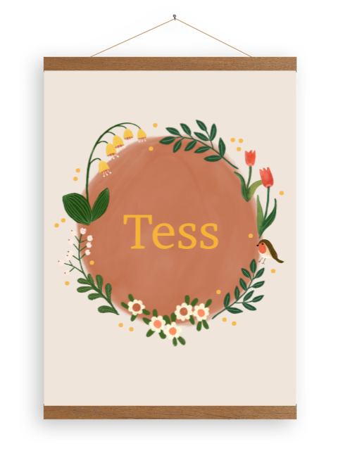 Geboorteposter 'Tess' met houten latjes. Bloemen cirkel lente