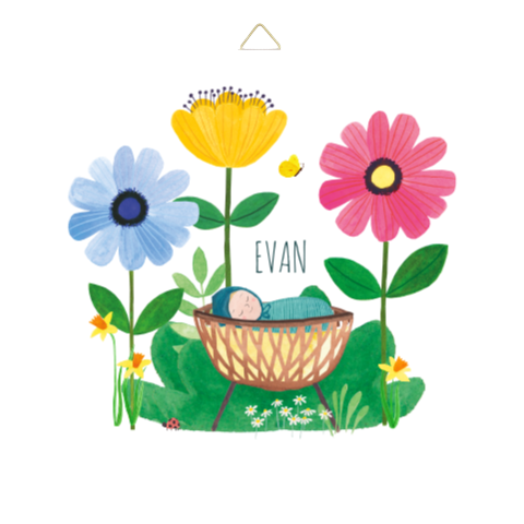Geboorte tegeltje voor de babykamer | Baby in wiegje tussen de bloemen