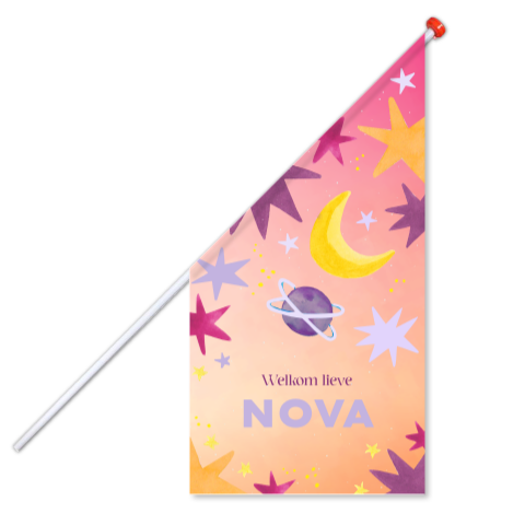 Geboortevlag 'Nova', sterren, maan en planeet, dochter, roze