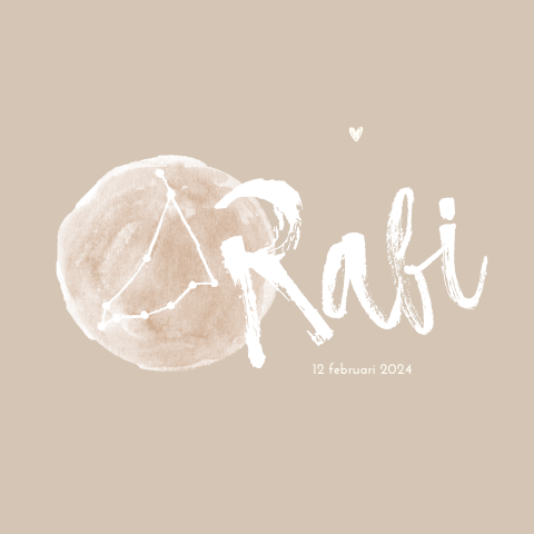 Vierkant geboortekaartje zand met sterrenbeeld voor een jongen