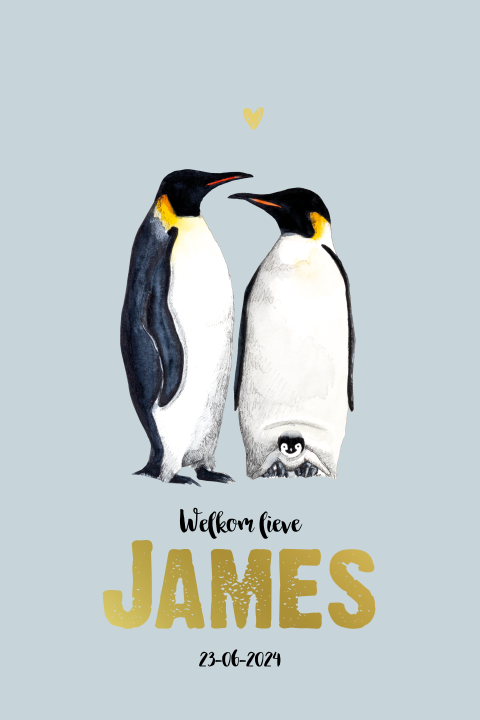 Staand geboortekaartje Pinguin gezin Goudfolie voor een Jongen