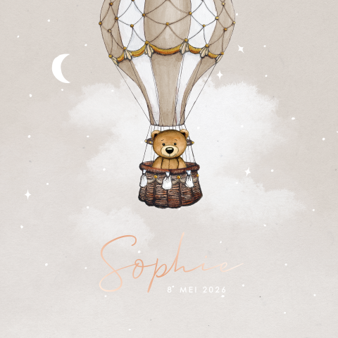 Geboortekaartje met teddy in luchtballon met rose goud folie