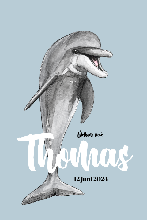 Staande enkel geboortekaartje Dolfijn voor een Jongen