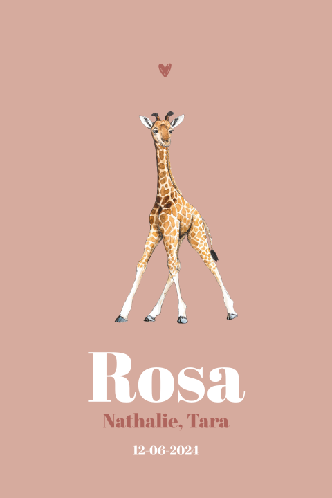 Staande enkel roze geboortekaartje baby giraf voor een Meisje