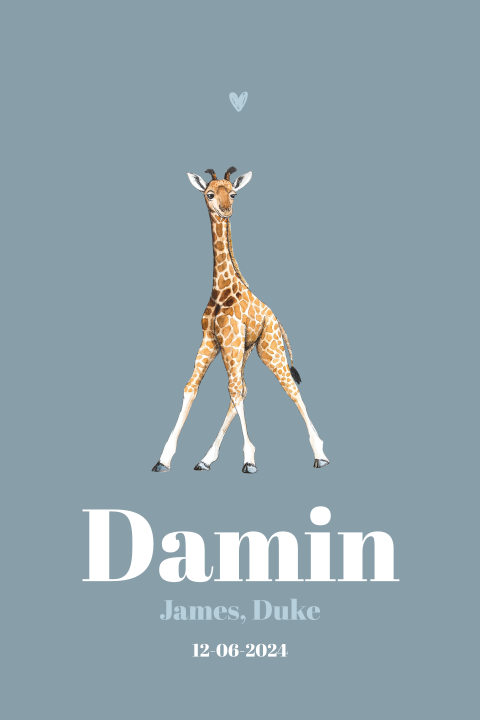 Staande enkel blauw geboortekaartje baby giraf voor een Jongen