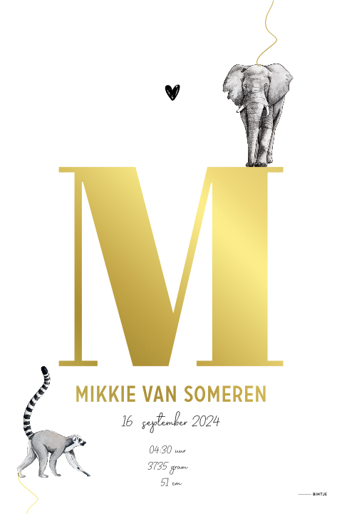 Geboorteposter met maki en olifant goudfolie