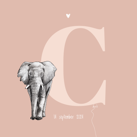 Enkel geboortekaartje initiaal olifant voor een meisje