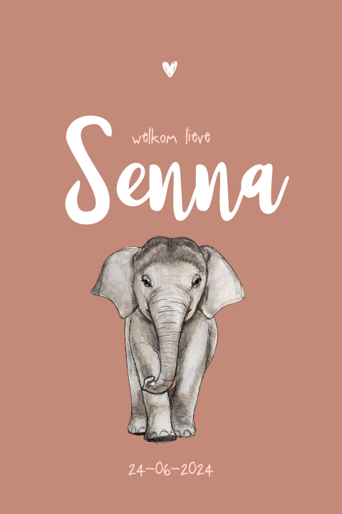 Enkel geboortekaartje baby olifant aardetint voor een meisje