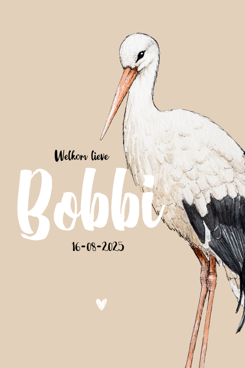 Enkel staand beige geboortekaartje ooievaar Neutraal