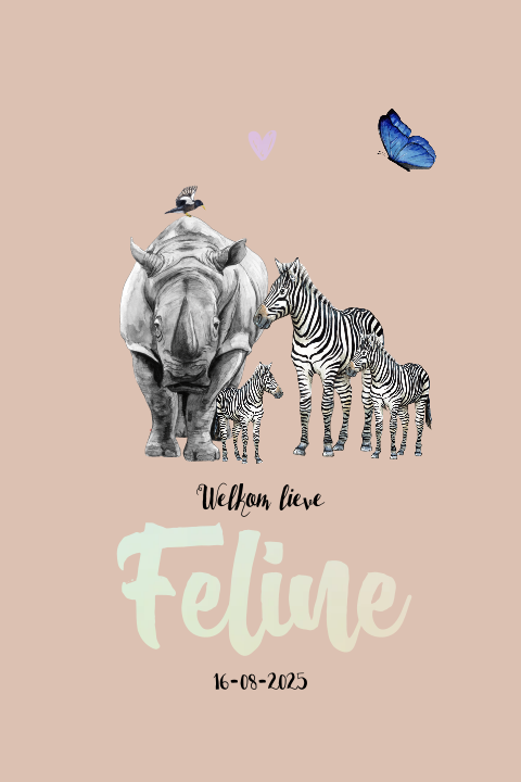 Staand geboortjekaartje familie zebra neushoorn broertje zusje