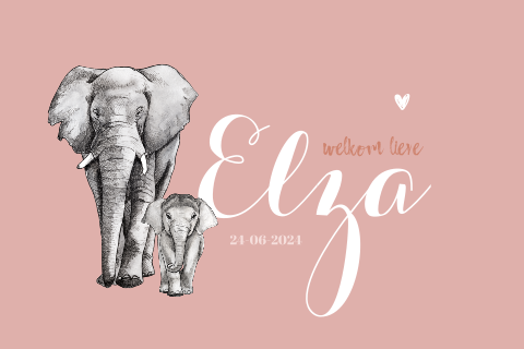 Liggend geboortekaartje baby en grote olifant voor een Meisje