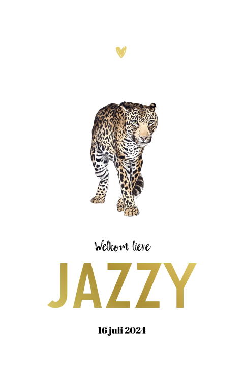 Enkel geboortekaartje luipaard goudfolie voor een jongen