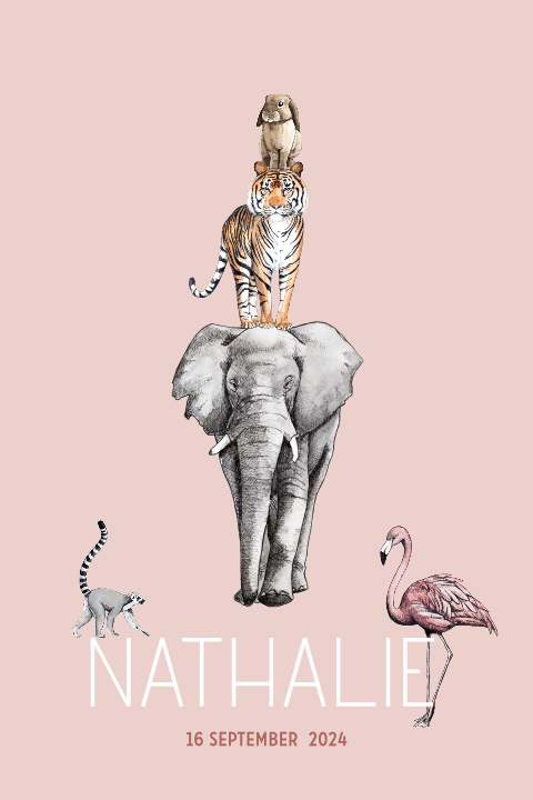 Staand enkel geboortekaartje stapel dieren meisje