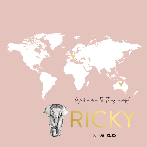 Dubbel geboortekaartje met wereldkaart en baby olifant