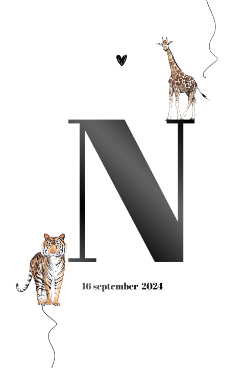 Staand geboortekaartje initiaal giraf en tijger Hoogglans zwart jongen