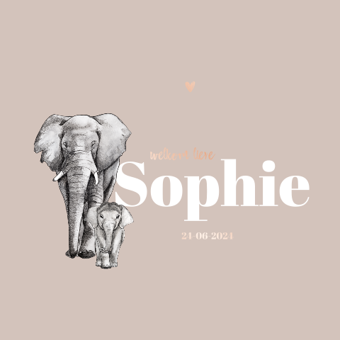 Dubbel geboortekaartje baby en grote olifant rosegoud folie Meisje