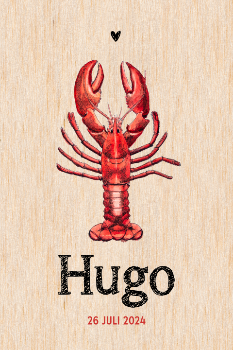 Staand geboortekaartje kreeft hout Jongen