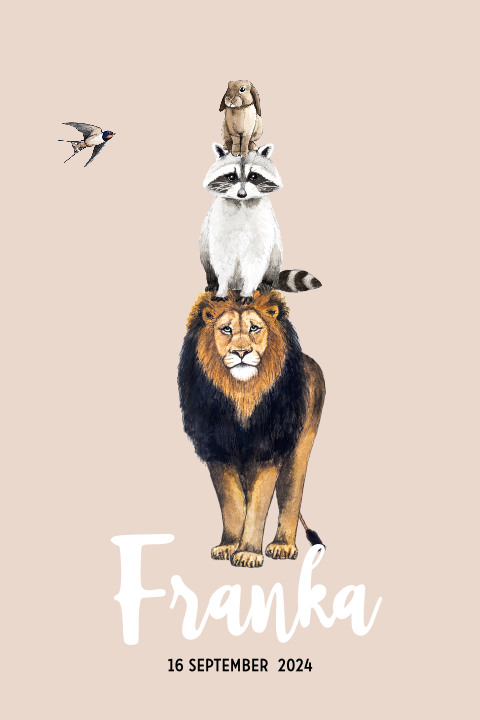 Staand enkel geboortekaartje ronde hoeken stapel dieren meisje