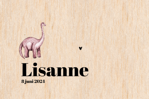 Liggend houten geboortekaartje met dino Meisje