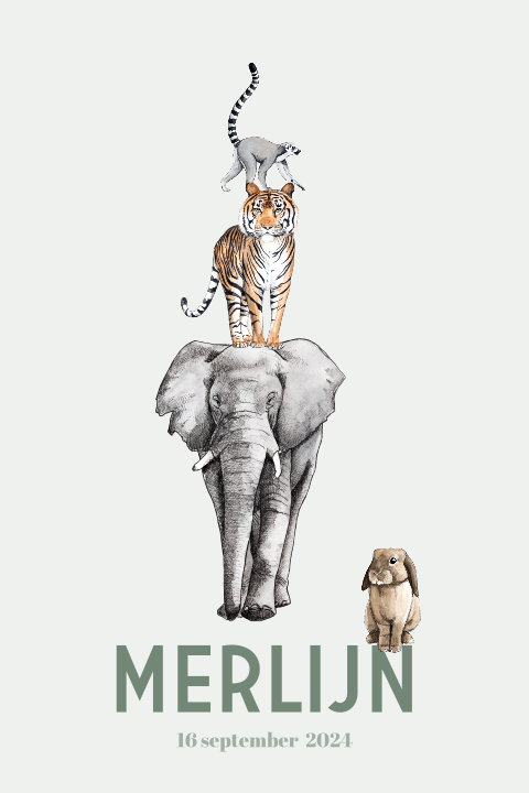 Staand enkel geboortekaartje stapel dieren jongen