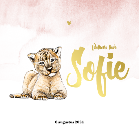 Dubbel geboortekaartje baby leeuw Goudfolie voor een Meisje
