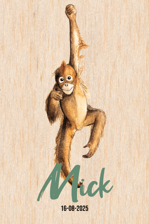 Staand houten geboortekaartje aap voor een Jongen