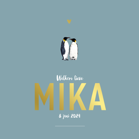 Dubbel geboortekaartje pinguins gezin goudfolie voor een Jongen