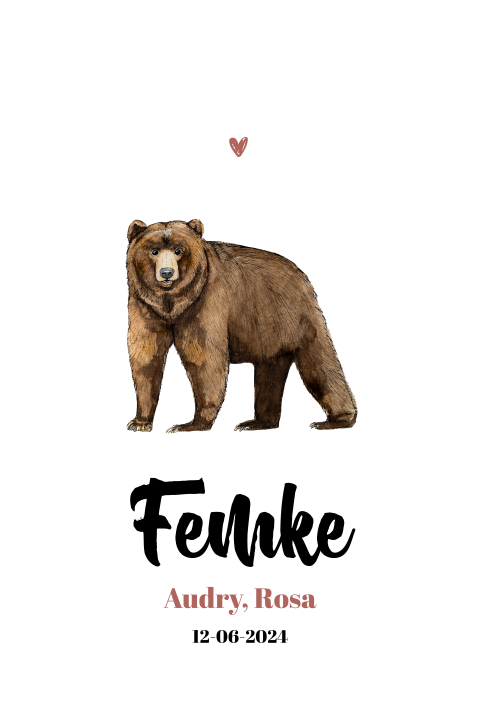 Staande enkel geboortekaartje Meisje Beer ronde hoeken