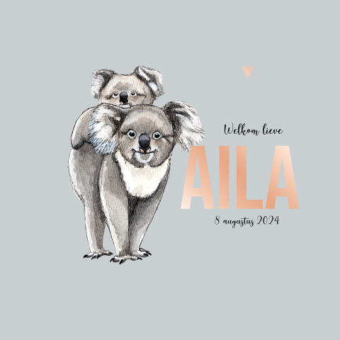 Dubbel geboortekaartje meisje met koala rosegoud