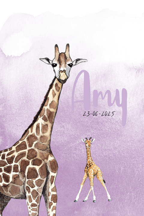 Staande dubbel geboortekaartje giraf met baby aquarel voor een Meisje