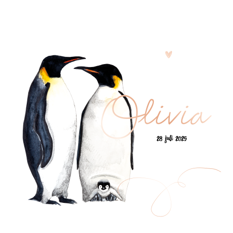 Dubbel geboortekaartje rose goudfolie pinguins Meisje