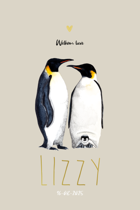 Staand geboortekaartje Pinguins zand Goudfolie voor een Meisje