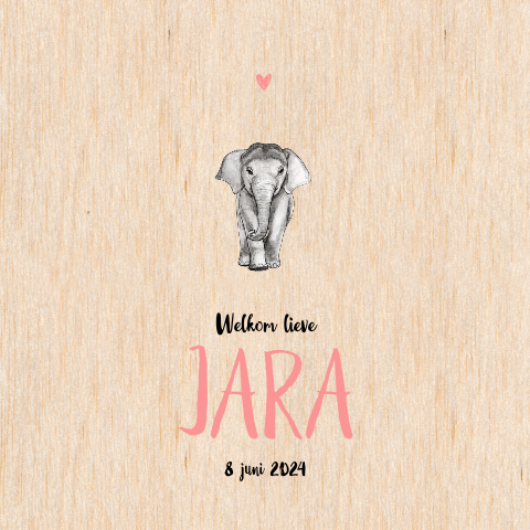 Enkel geboortekaartje baby olifant hout Meisje