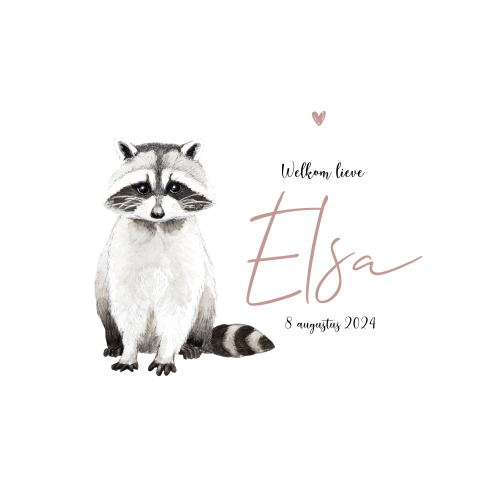 Dubbel wit geboortekaartje wasbeer voor een Meisje