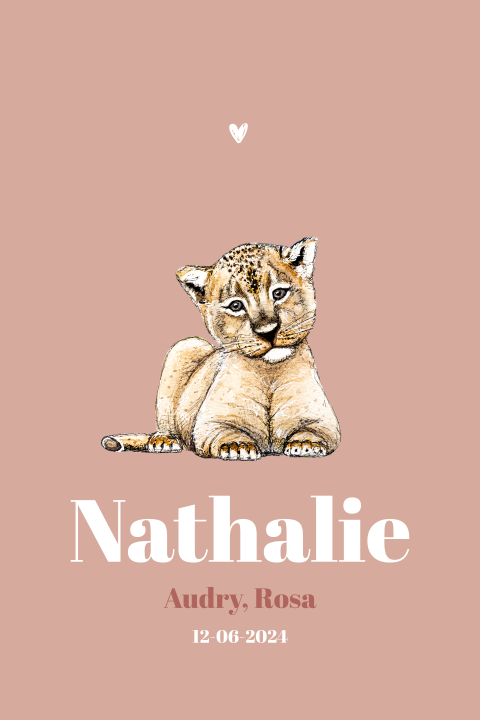 Staande enkel geboortekaartje baby leeuw voor een meisje