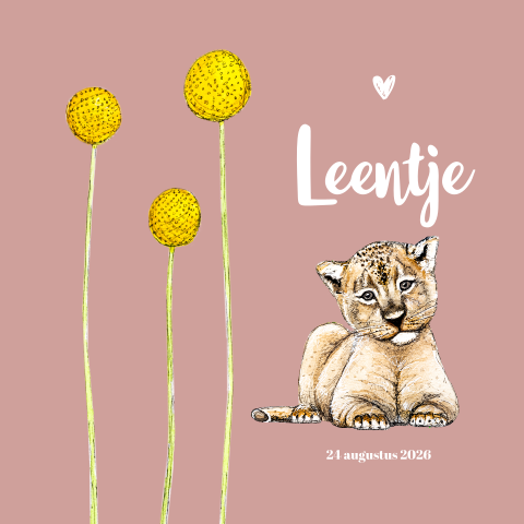 Geboortekaartje meisje baby leeuw met bloemen