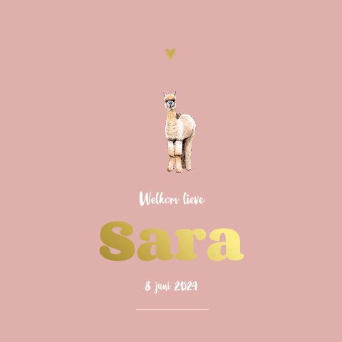 Dubbel geboortekaartje alpaca goudfolie voor een meisje