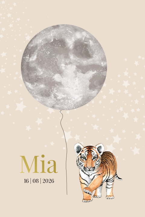 Geboortekaartje met goudfolie meisje met baby tijger en maan