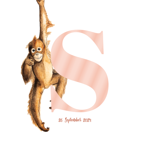 Dubbel geboortekaartje aap vierkant Initiaal Meisje