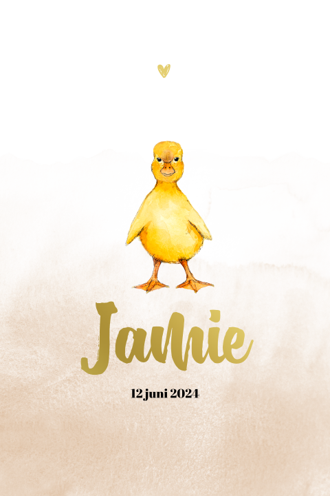 Staande enkel geboortekaartje baby eend Goudfolie Neutraal