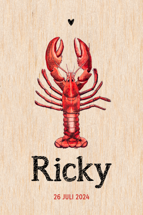 Staand geboortekaartje kreeft hout Neutraal