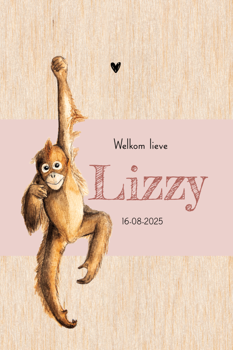 Staand geboortekaartje aap hout voor een Meisje
