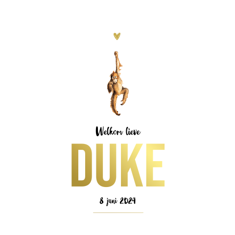 Dubbel geboortekaartje klein hangende Goudfolie aap voor een Jongen